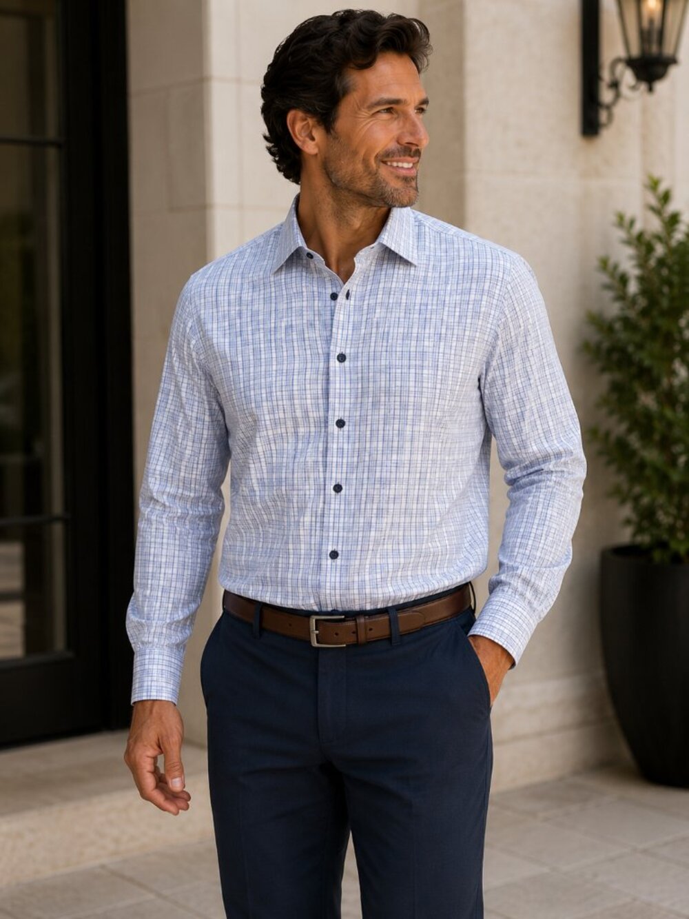 David Donahue Performance Trim Fit Blue Plaid Dress Shirt 17 34/35